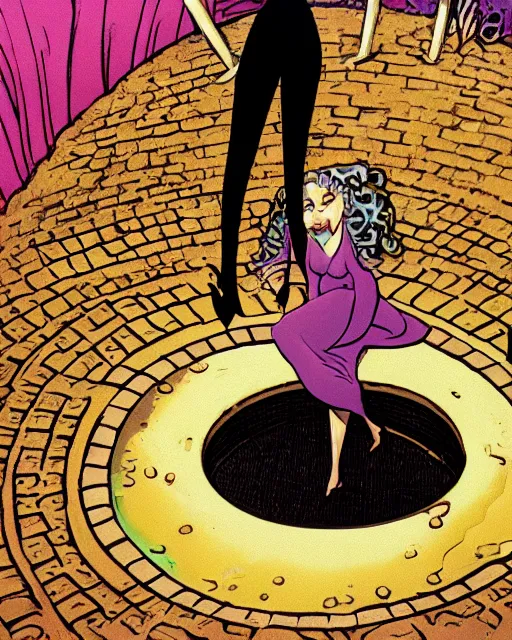 Prompt: attractive young woman cautiously peering into manhole cover open swirling into another dimension, surreal, ralph bakshi