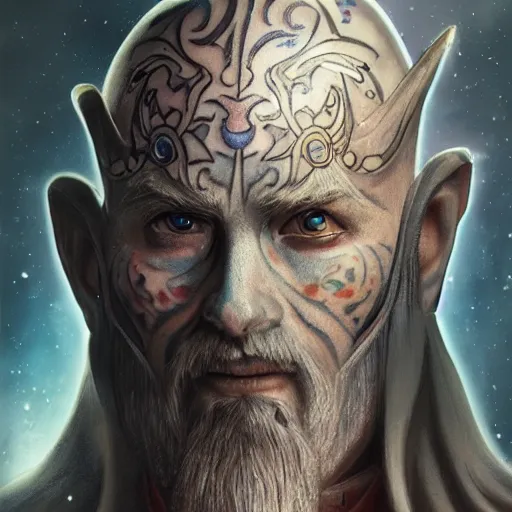 Image similar to an Artstation cinematic 4d render of Very very very very highly detailed beautiful mystic portrait of a phantom warrior with galaxy, tattoos by Anton Pieck, intricate, extremely detailed, sharp focus, intimidating lighting, incredible art,