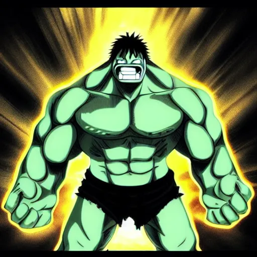 Image similar to the hulk in the style of one piece anime