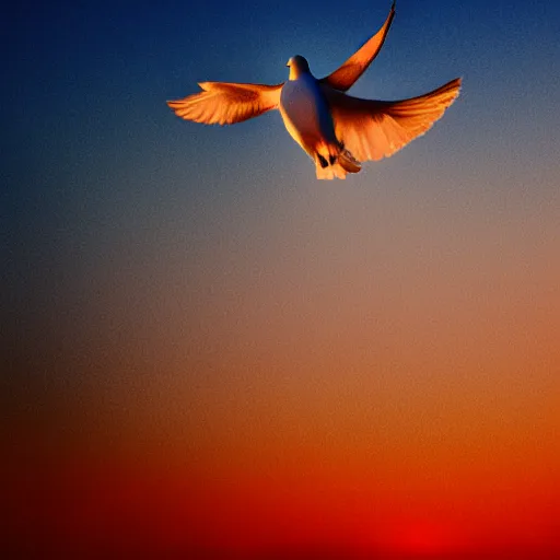 Image similar to Close-up realistic shot of a radiant shining white dove flying over the clouds at sunset, ethereal, vintage photograph, film grain, surreal, awe-inspiring, highly detailed, blue and orange color scheme