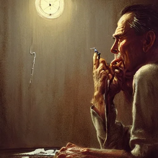 Image similar to a highly detailed epic cinematic concept art CG render digital painting artwork costume design: Henry Fonda as a 1950s tired disillusioned poet, barefoot, cigarette in mouth. volumetric lighting. By Greg Rutkowski, in the style of Francis Bacon and Syd Mead and Norman Rockwell and Beksinski, open ceiling, highly detailed, painted by Francis Bacon and Edward Hopper, painted by James Gilleard, surrealism, airbrush, Ilya Kuvshinov, WLOP, Stanley Artgerm, very coherent, triadic color scheme, realistic facial expression, art by Takato Yamamoto and James Jean