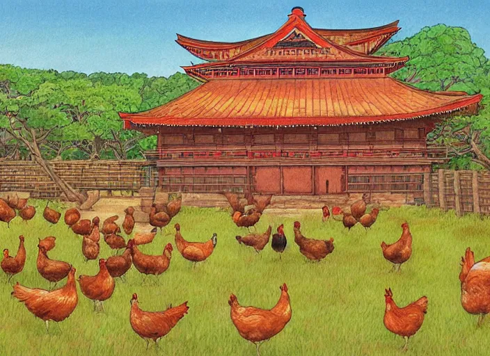 Image similar to red and brown japanese fort in a meadow with chickens by studio ghibli painting