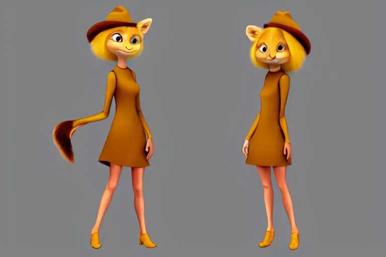 Prompt: detailed flat 2 d : female marten character : wearing jewlery : wearing a nice dress : wearing hat : head torso legs feet : lorax movie : artstation