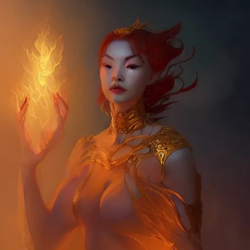 Image similar to female asian fire elemental, ghostly form, transparent, d & d, golden!!! palette, highly detailed, portrait!!, digital painting, artstation, concept art, sharp focus, illustration, cinematic lighting, art by artgerm and greg rutkowski and alphonse mucha