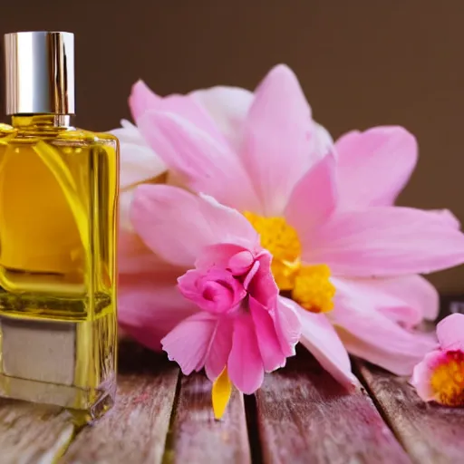 Prompt: perfume bottle sitting on a pile of pale pink and yellow flowers close shot, light pink background, softly - lit, soft - femme, zen, light, modern minimalist f 2 0 clean