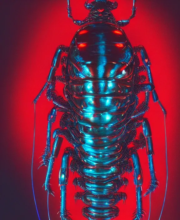 Image similar to a cybernetic beetle with red neon lights, by hr giger and beksinski and stephan martiniere, 4 k resolution, detailed, trending on artstation