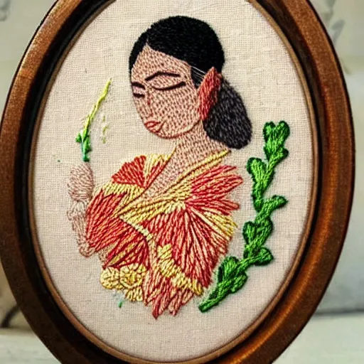 Prompt: a tiny beautiful handmade embroidery of a woman. hand embroidery.