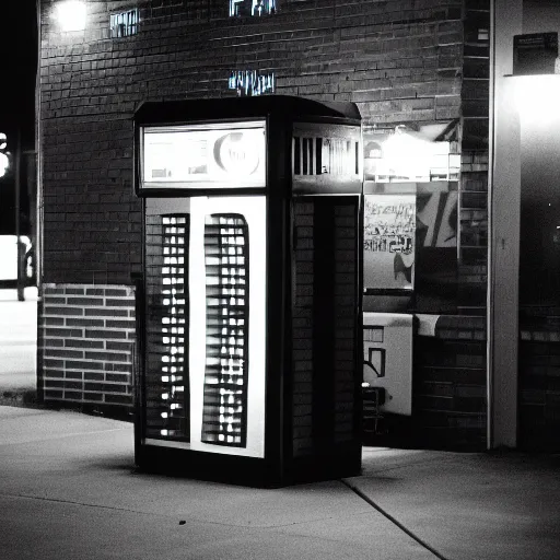 Image similar to a cinematic photograph of a glowing time machine Infront of a CVS Pharmacy at night in Charlotte, NC in 1989, f1.8, 80mm