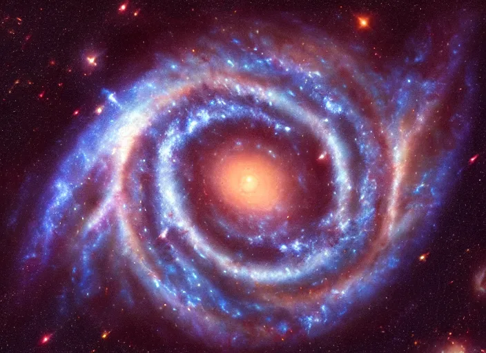 Image similar to cinematic shot, picture of a cartwheel galaxy by the hubble telescope, extremely detailed, brush hard, artstation, high quality, high resolution