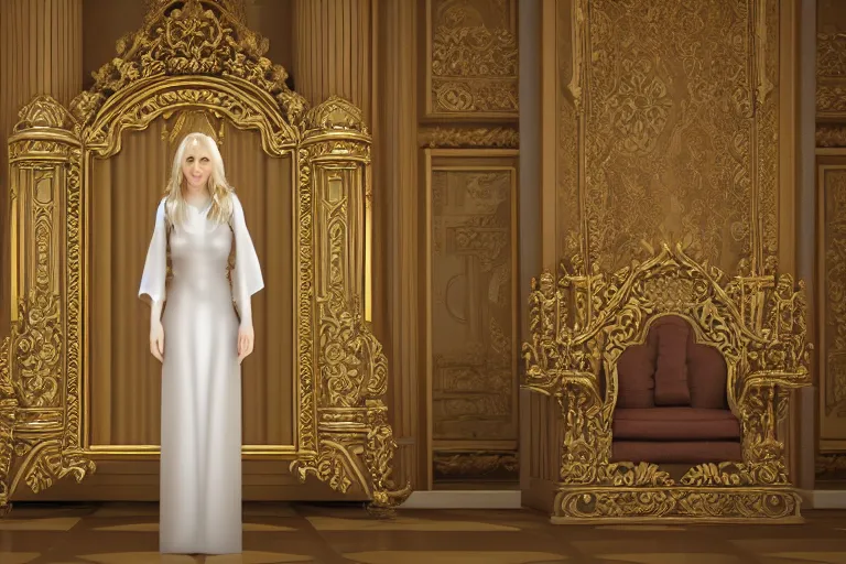 Prompt: beautiful blonde woman standing in throne room, octane render, hyper realism