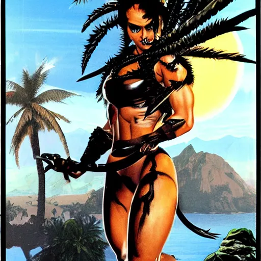 Image similar to Muscular ultraviolent woman, wild spiky black hair, electrified hair, chrome armor, black spandex, holding jagged scimitar, palm trees, red sky, destroyed mountains, chrome military base, 1987 video game boxart, drawn by Frank Frazetta, pulp art, hyper-detailed