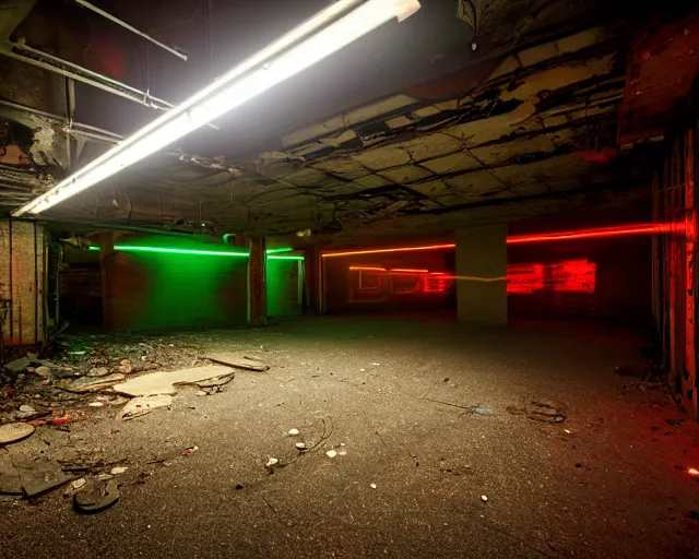 Image similar to An abandoned industial basement lit by a neon sign that says GAK, GAK sign, basement, cinematography by Robby Müller, GAK basement, industrial