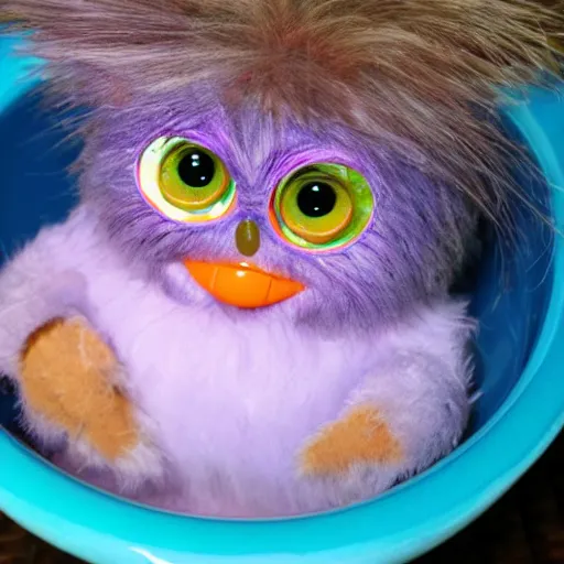 Image similar to Furby submerged in a bowl of alphabet soup