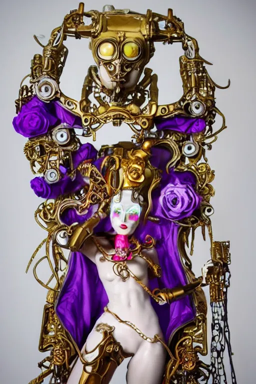 Image similar to full-body porcelain rococo futuristic style sculpture of a young beautiful goddess as a half-robot wearing retro shades, red lips, mechanical eyes, leaking glowing neon radioactive liquid, electric sparks, glowing violet laser beam eyes, crown of giant diamonds, gold chain steampunk necklace, flowing purple satin, luminescent fabrics, mechanical roses. baroque and steampunk elements. full-length view. baroque element. intricate artwork by caravaggio. Trending on artstation, octane render, cinematic lighting from the right, hyper realism, octane render, 8k, depth of field, 3D