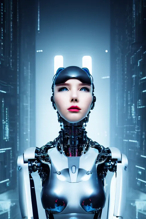 Prompt: cybernetic ultra high tech female robot with cat ears, sci - fi, blade runner, cyberpunk, high tech, futurism, exoskeleton, symmetry, cinematic, elegant, luxury, perfect light, perfect composition, dlsr photography, sharp focus, 8 k, ultra hd, sense of awe, highly detailed, realistic, intricate, science journal cover