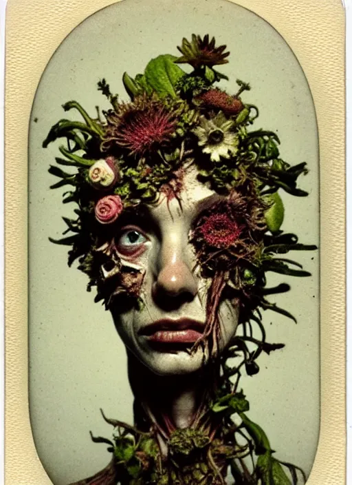 Image similar to beautiful and detailed rotten woman made of plants and many different types of flowers, muscles, intricate, organs, ornate, surreal, john constable, guy denning, dan hillier, manera, caravaggio, 1 9 1 0 polaroid photo