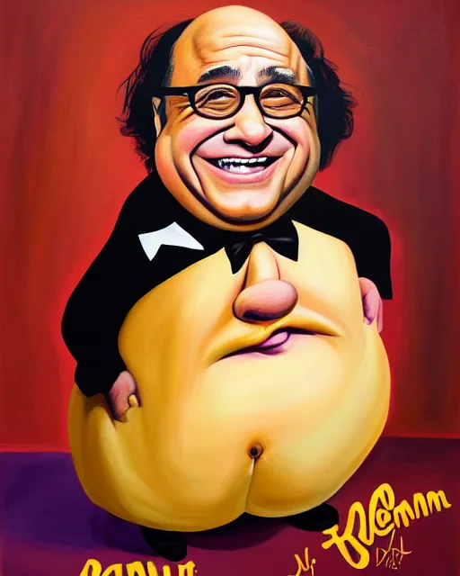 Image similar to painting portrait of danny devito as a rum ham, cartoon, warm lighting, danny devito has a rum ham body, danny devito's face on a rum ham. movie poster, trending on art station