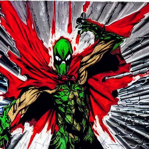 Prompt: spawn at full power, illustration, spray paint, stone, by todd mcfarlane