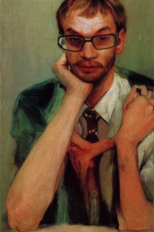 Image similar to portrait of jeffrey dahmer on the teenage in 1 9 7 0 by ilya repin