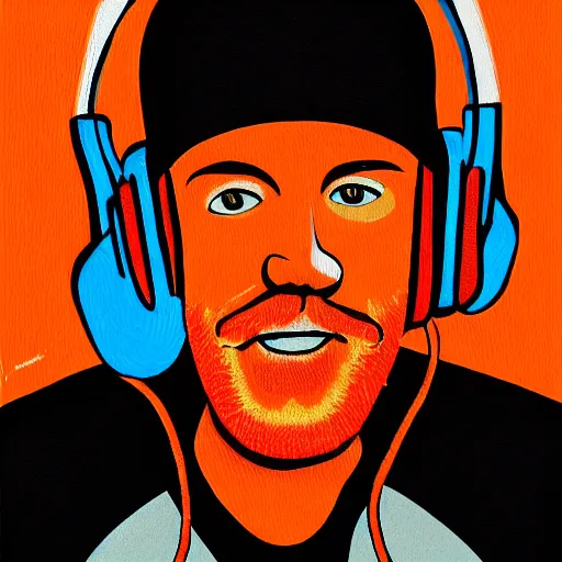 Image similar to middle aged streamer on twitch with black hat, stubble, ginger hair, orange hair, black cap, stubbles, red headphones, in the style of jeremiah ketner, art, abstract