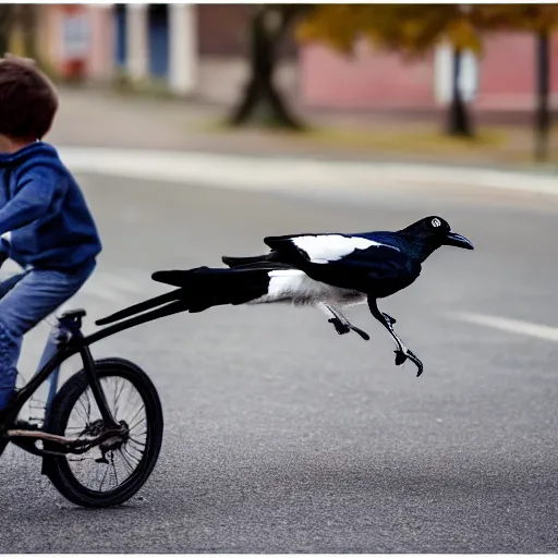 Prompt: A magpie chasing a boy on a bike, Canon EOS R3, f/1.4, ISO 200, 1/160s, 8K, RAW, unedited, symmetrical balance, in-frame