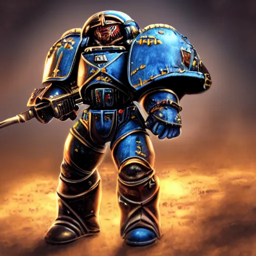 Image similar to fisher price warhammer space marine armor dynamic pose deviantart 4 k high detailed