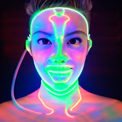 Image similar to beautiful japanese cyborg with led projection skin, neon lighting, portrait photo