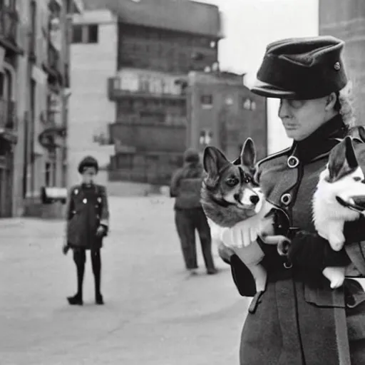 Prompt: female soldier with corgi sniffer dog, old photograph in sci-fi city