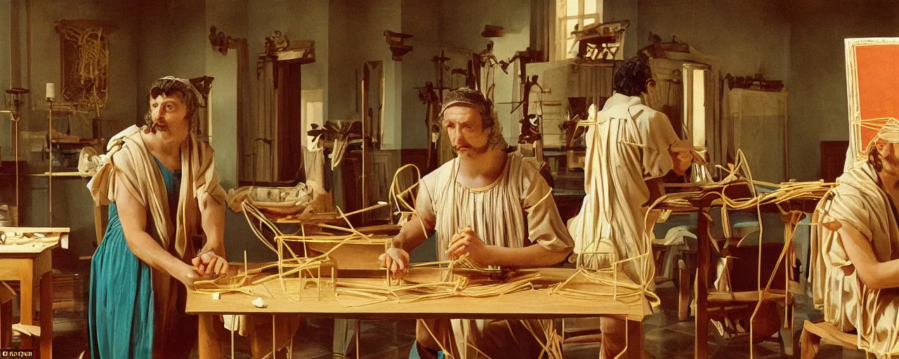 Prompt: ancient greek mathematician discovering geometry with spaghetti kodachrome, in the style of wes anderson, retro