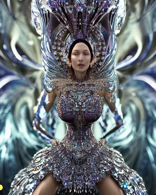 Image similar to a highly detailed metahuman 4 k close up render of an alien goddess bella hadid queen in iris van herpen dress schiaparelli in diamonds crystals swarovski and jewelry iridescent in style of alphonse mucha gustav klimt trending on artstation made in unreal engine 4