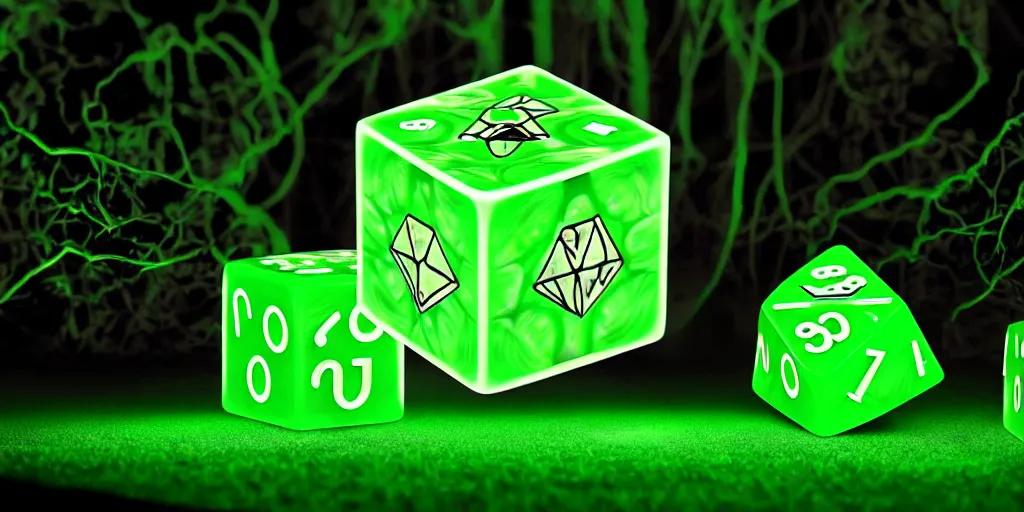 Image similar to forest god rolling giant magical 3 d d 6 casino dice cube, glowing, energy radiating, fantasy forest in the background, 4 k detailed, symmetry, by shaddy safadi and cam sykes and james paick