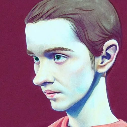 Prompt: beautiful side portrait of Eleven from Stranger things by martine johanna, artstation winner,figurativism!!!!, portrait, lines!!!!,