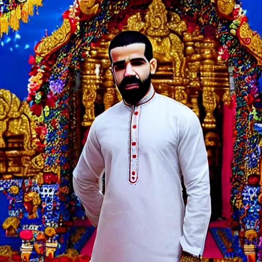 Prompt: photograph of a man in a kurta, standing in a hindu kovil, drake the rapper's face