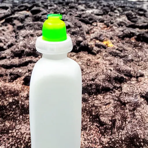 Image similar to symmetrical photo of small white plastic bottle standing in front volcano, products shot