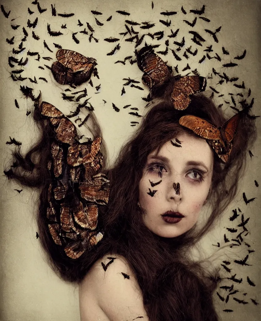 Prompt: head and shoulders portrait of a beautiful woman with a large moth sitting on her face, caterpillars and grubs crawl over her body, long flowing hair, disturbing, gothic, by Nina Masic by Flora Borsi, autochrome, vintage glass plate photograph