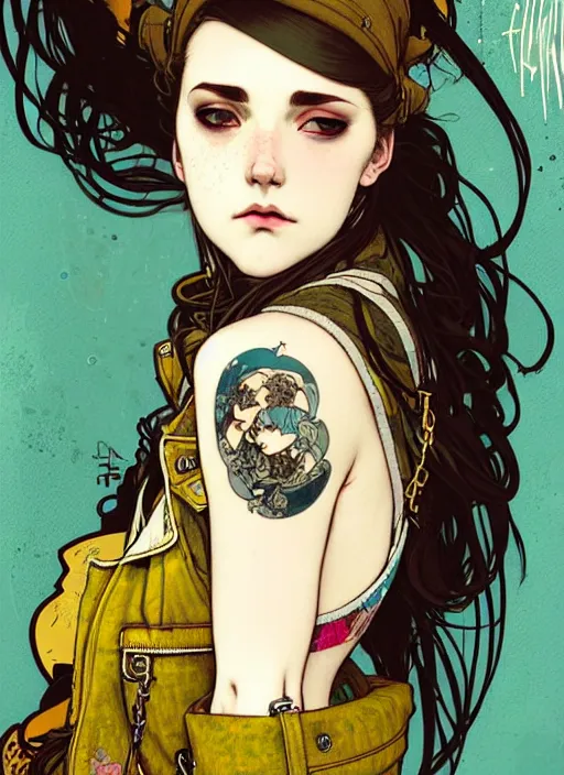 Image similar to highly detailed portrait of a moody sewerpunk young adult lady with a harris tweed holdy by greg tocchini, by krenz cushart, by alphonse mucha, by kaethe butcher, gradient yellow, black, brown and cyan color scheme, grunge aesthetic!!! ( ( graffiti tag city background ) )