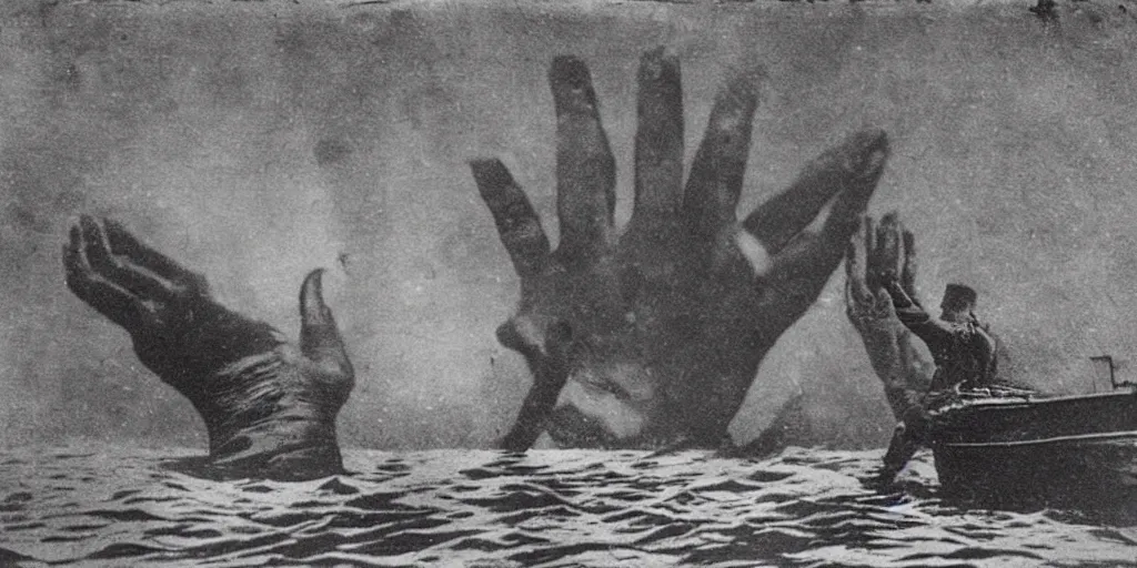 Image similar to a boat being grabbed by a giant underwater hand, 1 9 0 0 s photograph