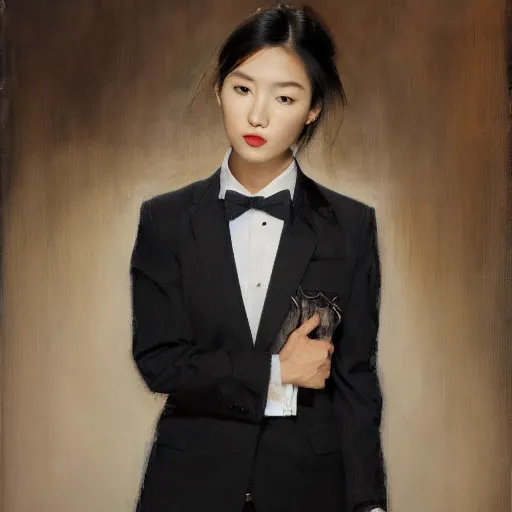Image similar to portrait of a beautiful korean girl wearing a men's tuxedo, with long hair and bangs, angular features, angry expression, oil on canvas, elegant pose, masterpiece, Jonathan Yeo painting