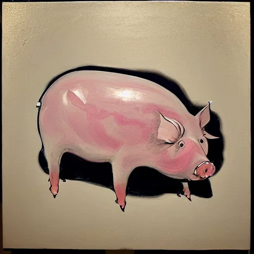 Image similar to “pig paintings and pig sculptures in a pig art gallery, pork, ikebana white flowers, white wax dripping, squashed raspberry stains, acrylic and spray paint and oilstick on canvas, by munch and Dali”