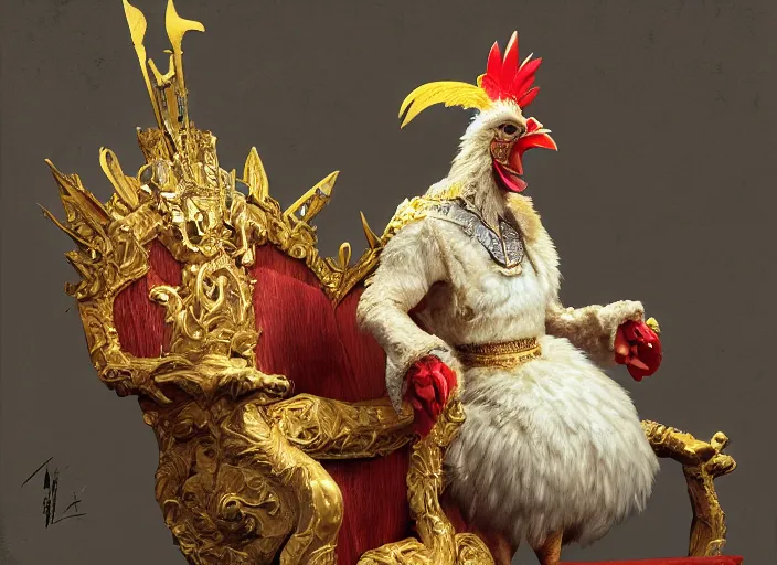 Prompt: medium shot portrait of the emperor of japan dressed as a chicken with a scary smile, sitting on his throne, highly detailed painting by craig mullins, 4 k resolution, trending on artstation, 8 k, man dressed as a chicken