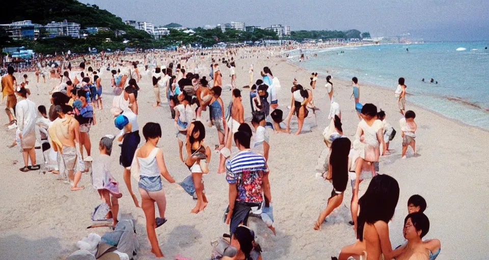 Prompt: 90s Japan, Professional photograph, people in the beach, summer.