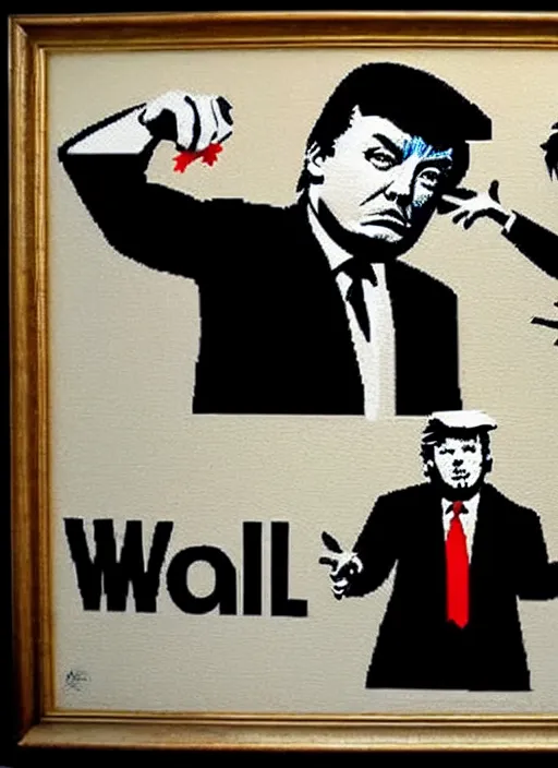 Prompt: banksy donald trump the wolf of wall street art on canvas