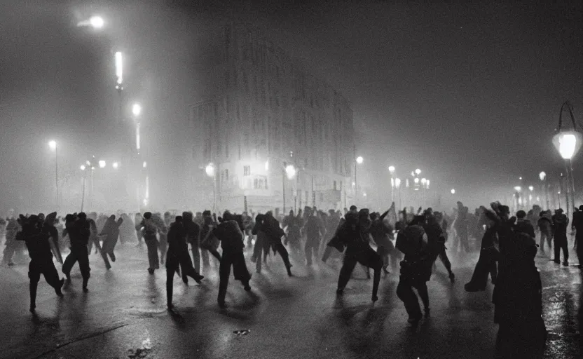 Prompt: 1990s movie still of a yougoslavian street with a large crowd fighting soviet soldiers, with stalinist style highrise, Cinestill 800t 35mm black and white, heavy grainy picture, very detailed, high quality, 4k panoramic, HD criterion, dramatic lightning, streetlight at night, foggy