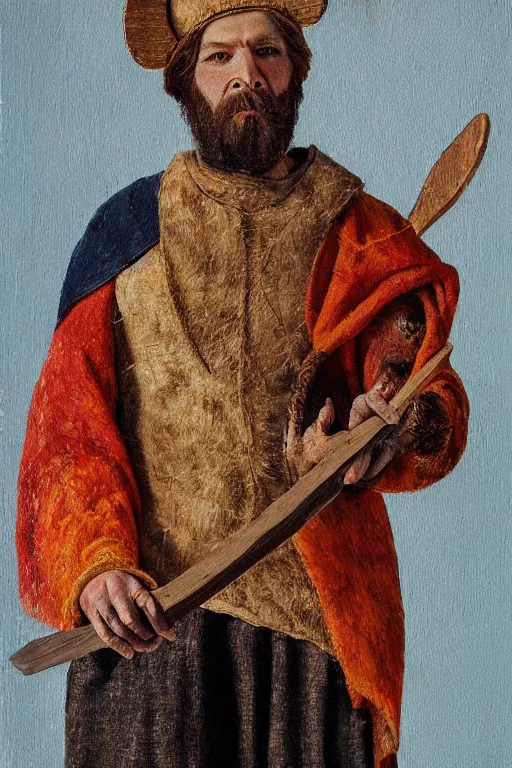 Image similar to Slavic dog head man holding an ax, woolen torso in medieval clothes, Orthodox Saint Christopher, oil painting, hyperrealism, beautiful, high resolution, trending on artstation,