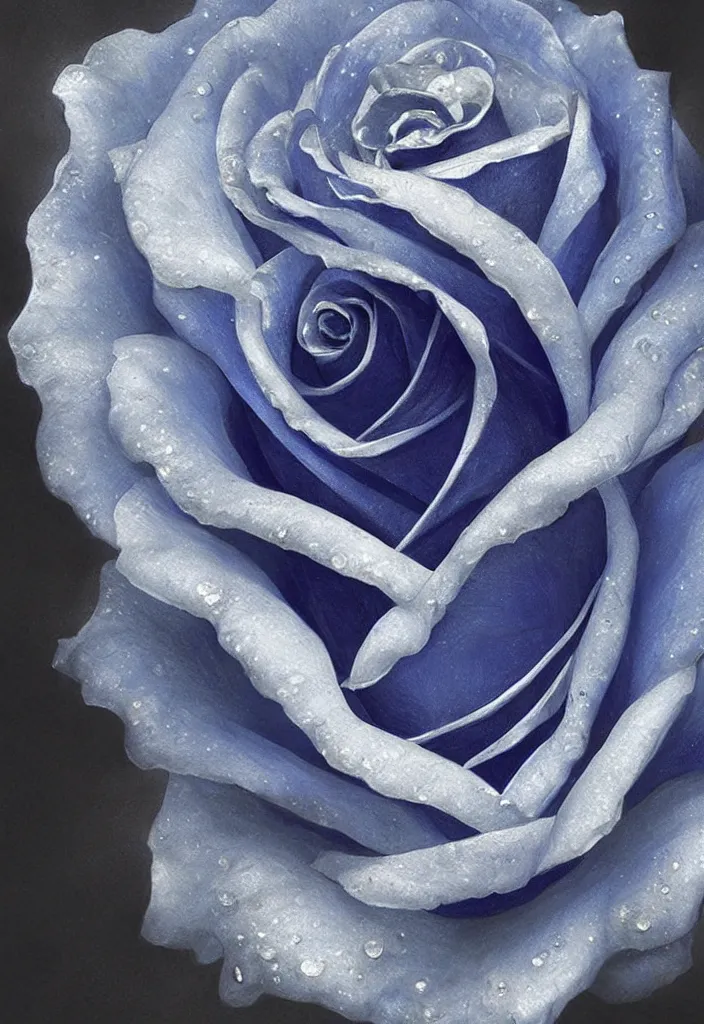 Prompt: Panorama hyper detailed painting of a blue rose flower made of big diamond crystals, glass, porcelain, luxury jewellery, dark blue tones, dreamy lightning, 8 mm, highly detailed, digital painting, artstation, concept art, smooth, sharp focus, illustration, art by artgerm and greg rutkowski and alphonse mucha