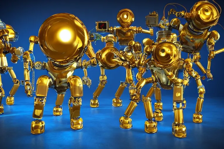 Image similar to 7 golden and blue metal humanoid steampunk robots dancing on a theaterstage, robots are wearing and gears and tubes, eyes are glowing red lightbulbs, shiny crisp finish, 3 d render, 8 k, insaneley detailed, fluorescent colors, nightlight