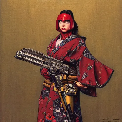 Image similar to the doomslayer wearing a kimono, art by norman rockwell and donato giancola and greg rutkowski,