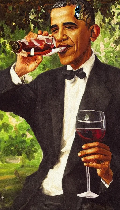 Prompt: still life painting of Obama drinking wine in a garden by Peder Krøyer, golden hour, dramatic lighting, intricate detail, canvas print