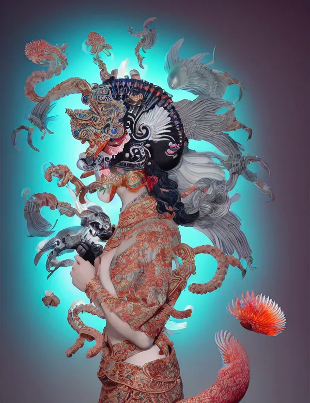 Image similar to 3 d goddess half - turn portrait with ram skull. beautiful intricately detailed japanese crow kitsune mask and clasical japanese kimono. betta fish, jellyfish phoenix, bio luminescent, plasma, ice, water, wind, creature, artwork by tooth wu and wlop and beeple and greg rutkowski