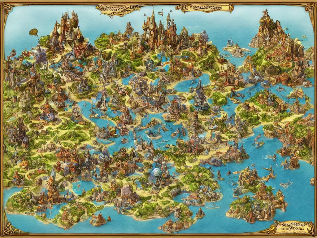 Image similar to an isometric disney fantasy map of a continent bordered by ocean by brian froud